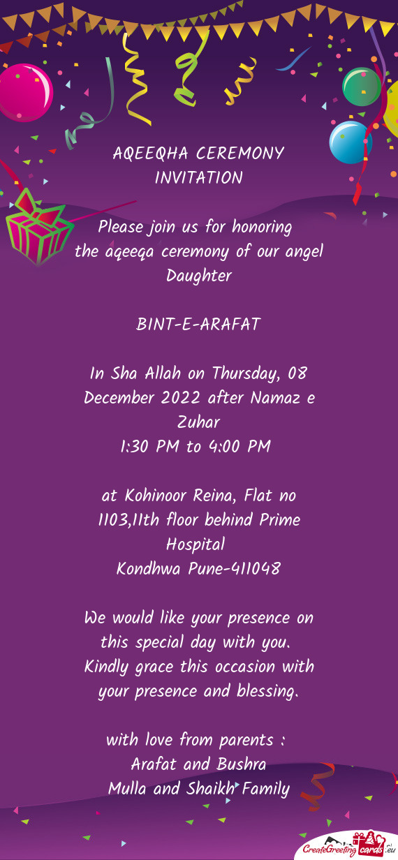 AQEEQHA CEREMONY INVITATION