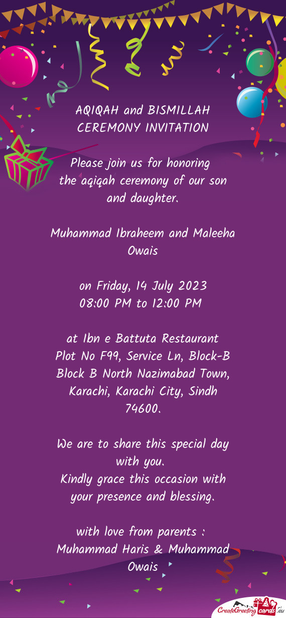 AQIQAH and BISMILLAH CEREMONY INVITATION