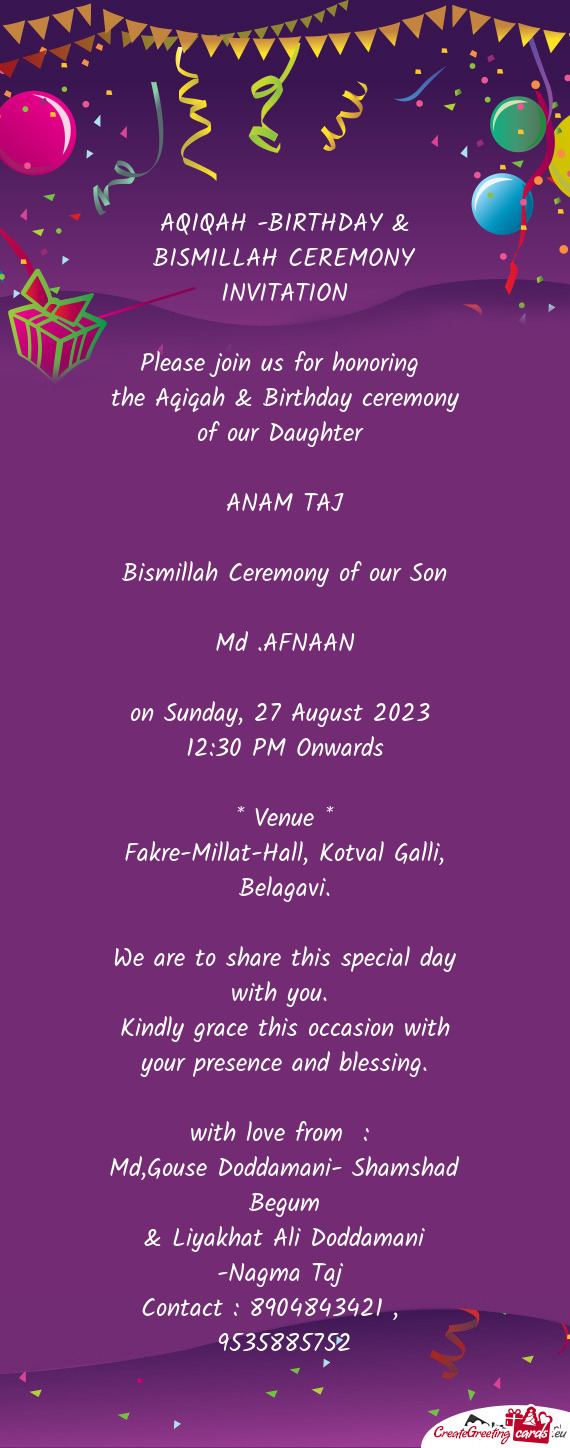 AQIQAH -BIRTHDAY & BISMILLAH CEREMONY INVITATION