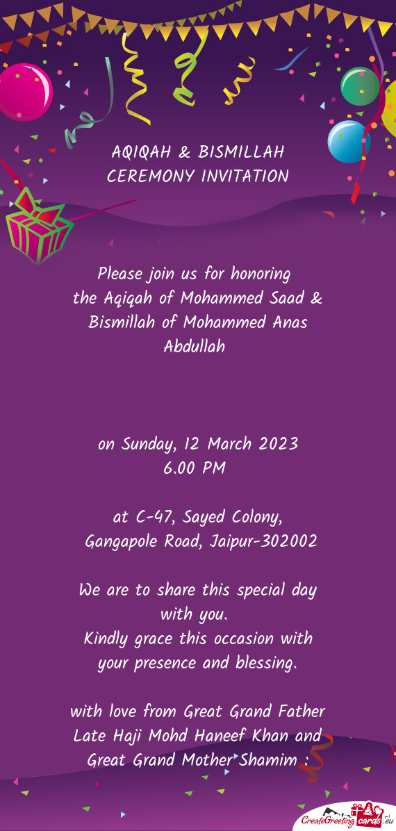 AQIQAH & BISMILLAH CEREMONY INVITATION