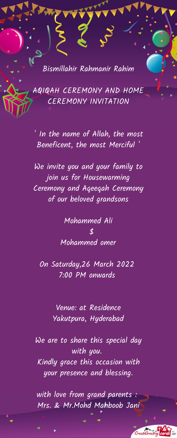 AQIQAH CEREMONY AND HOME CEREMONY INVITATION