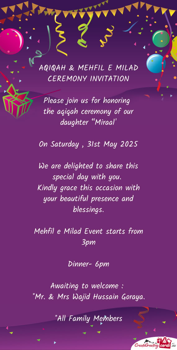 AQIQAH & MEHFIL E MILAD CEREMONY INVITATION