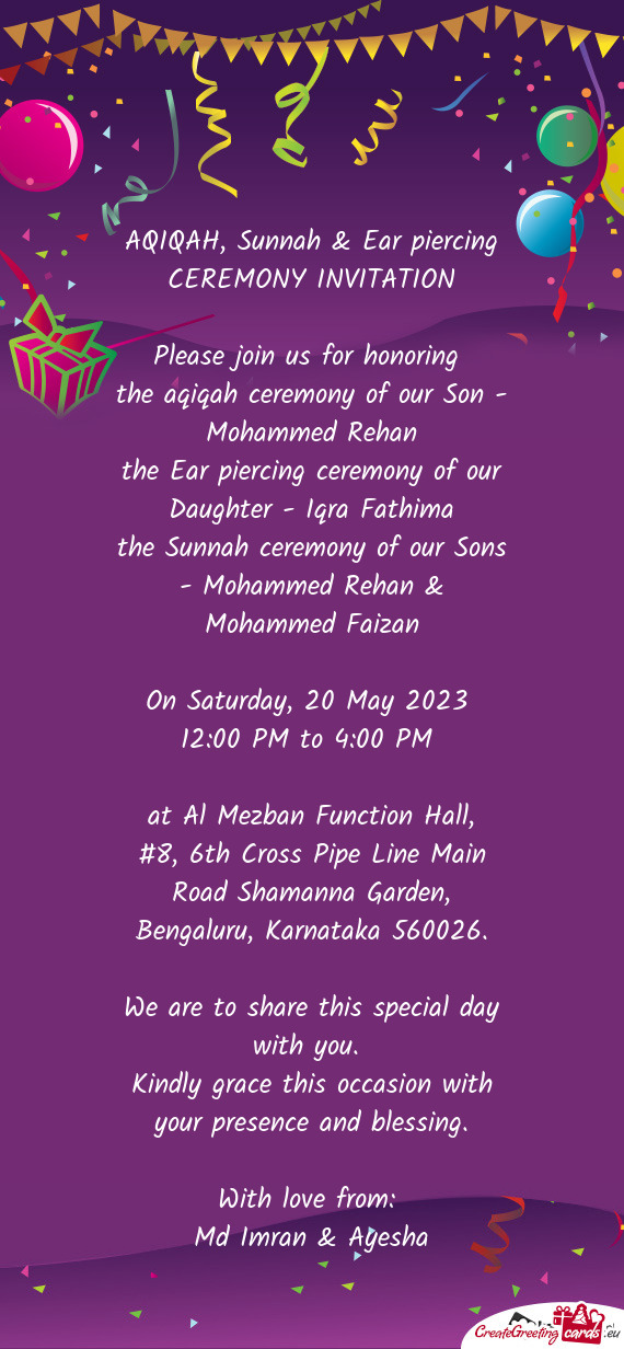 AQIQAH, Sunnah & Ear piercing CEREMONY INVITATION