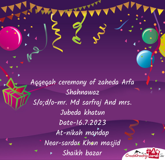 Aqqeqah ceremony of zaheda Arfa Shahnawaz