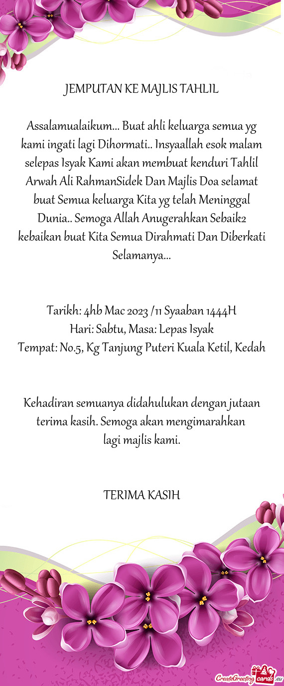 Assalamualaikum... Buat ahli keluarga semua yg kami ingati lagi Dihormati.. Insyaallah esok malam se