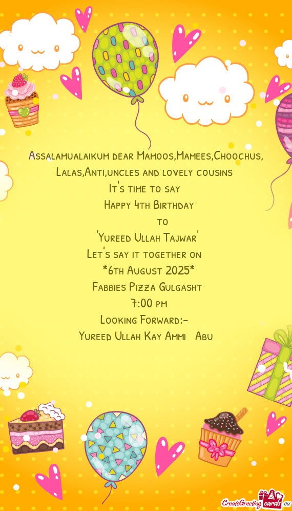 Assalamualaikum dear Mamoos,Mamees,Choochus, Lalas,Anti,uncles and lovely cousins