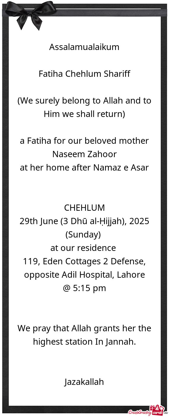 At her home after Namaz e Asar