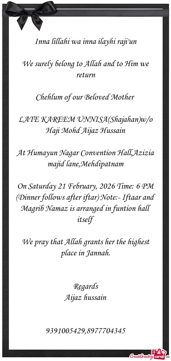 At Humayun Nagar Convention Hall,Azizia majid lane,Mehdipatnam