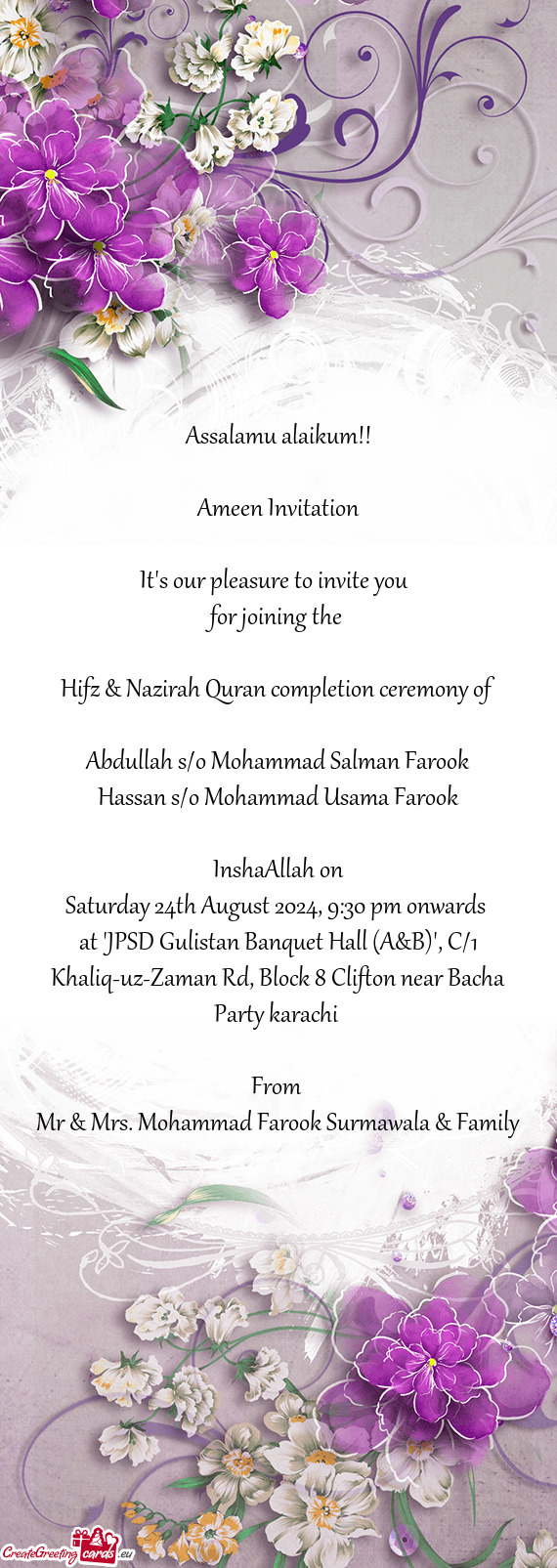 At "JPSD Gulistan Banquet Hall (A&B)", C/1 Khaliq-uz-Zaman Rd, Block 8 Clifton near Bacha Party kara