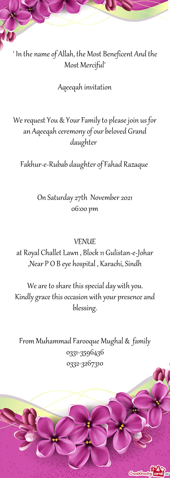 At Royal Challet Lawn , Block 11 Gulistan-e-Johar ,Near P O B eye hospital , Karachi, Sindh