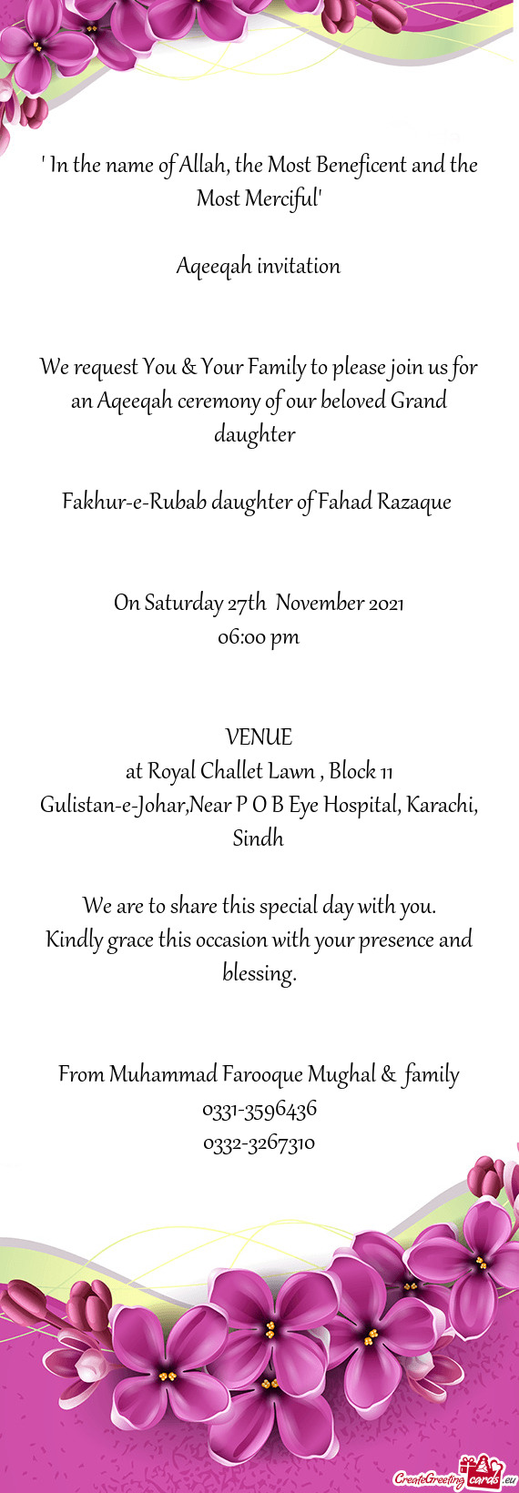 At Royal Challet Lawn , Block 11 Gulistan-e-Johar,Near P O B Eye Hospital, Karachi, Sindh