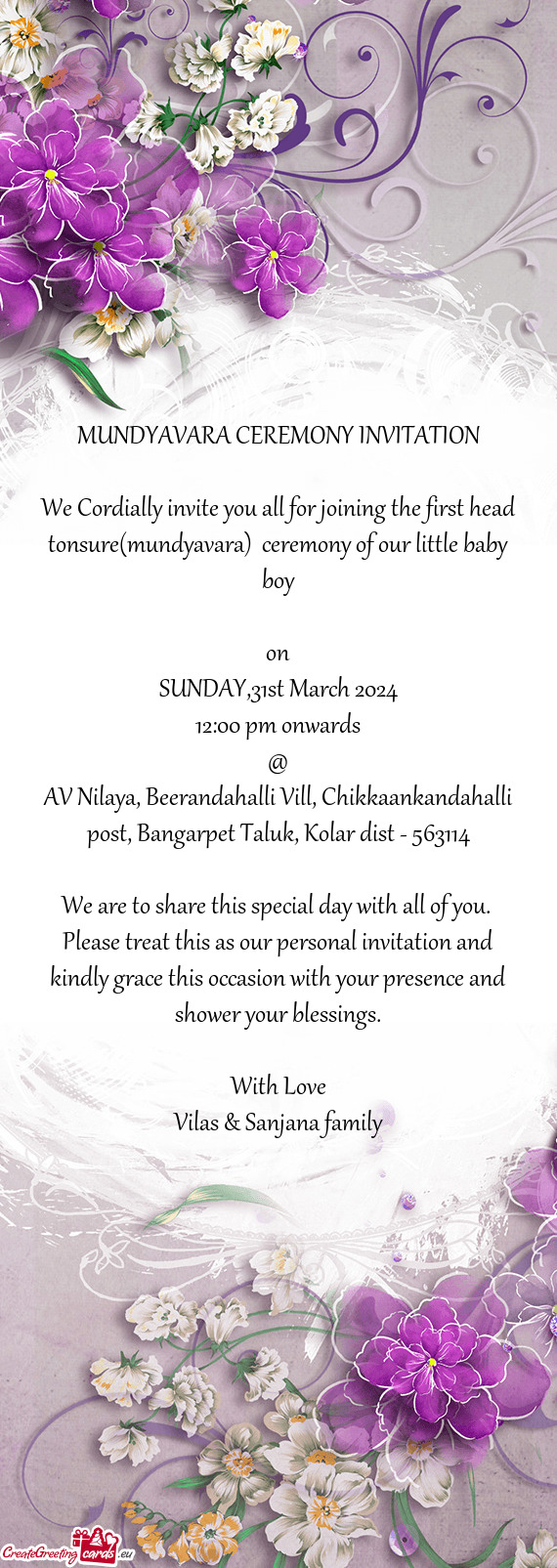 AV Nilaya, Beerandahalli Vill, Chikkaankandahalli post, Bangarpet Taluk, Kolar dist - 563114