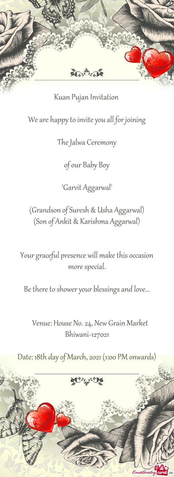 Baby Boy
 
 "Garvit Aggarwal"
 
 (Grandson of Suresh & Usha Aggarwal)
 (Son of Ankit & Karishma Agg