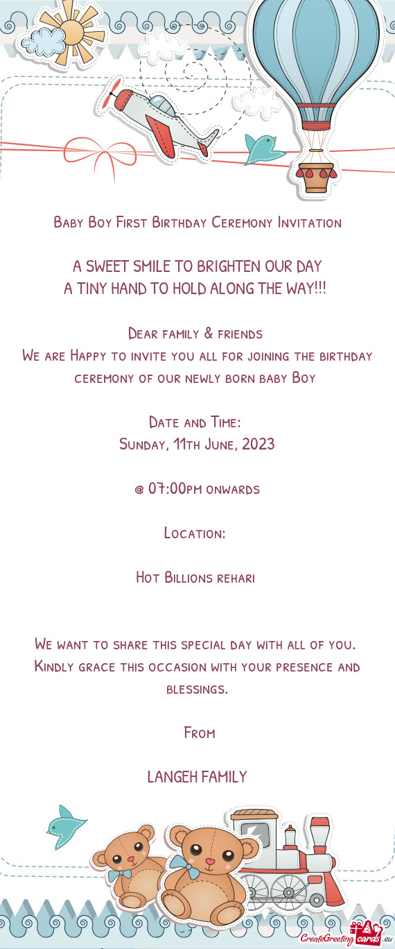 Baby Boy First Birthday Ceremony Invitation