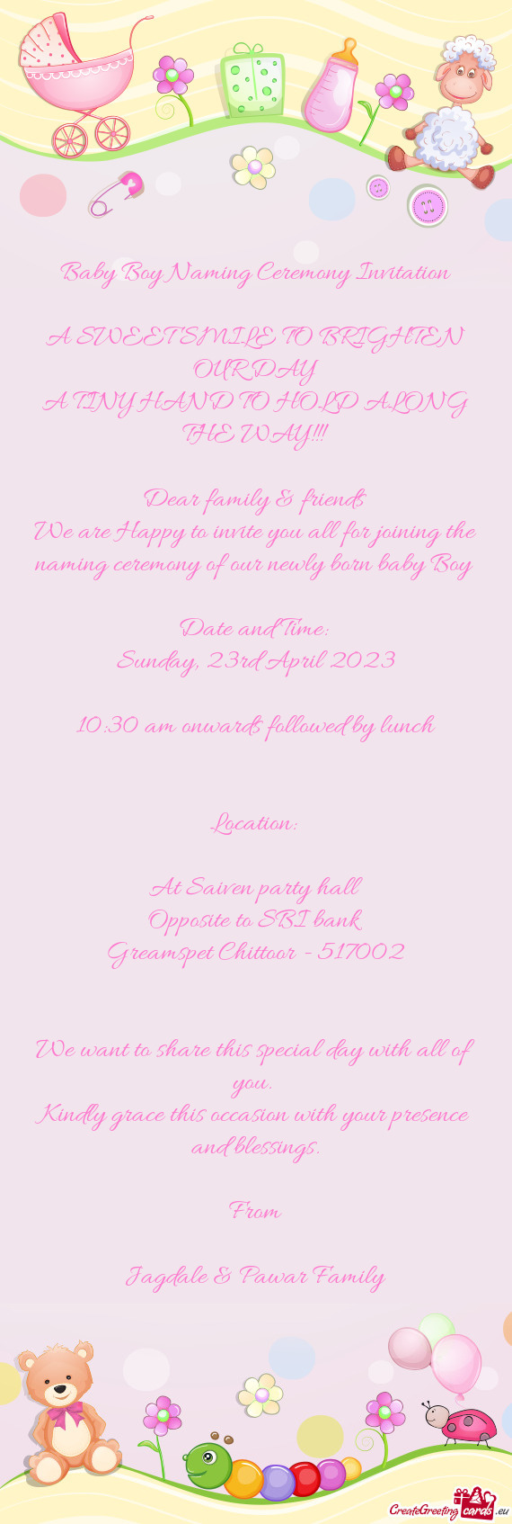 Baby Boy Naming Ceremony Invitation A SWEET SMILE TO BRIGHTEN OUR DAY A TINY HAND TO HOLD ALONG