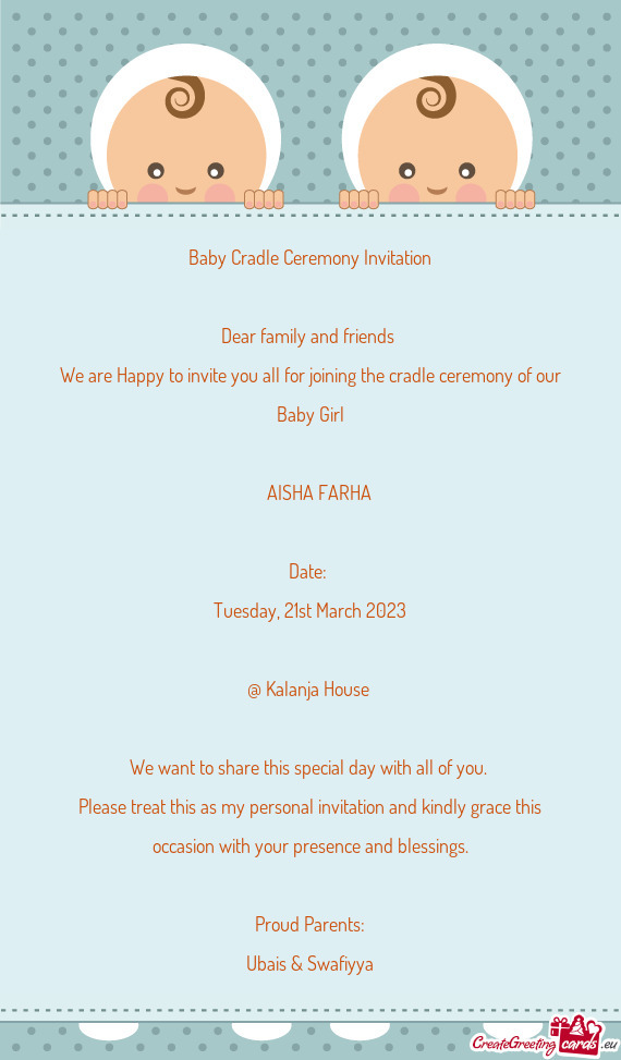 Baby Cradle Ceremony Invitation Dear family and friends We are Happy to invite you all for join