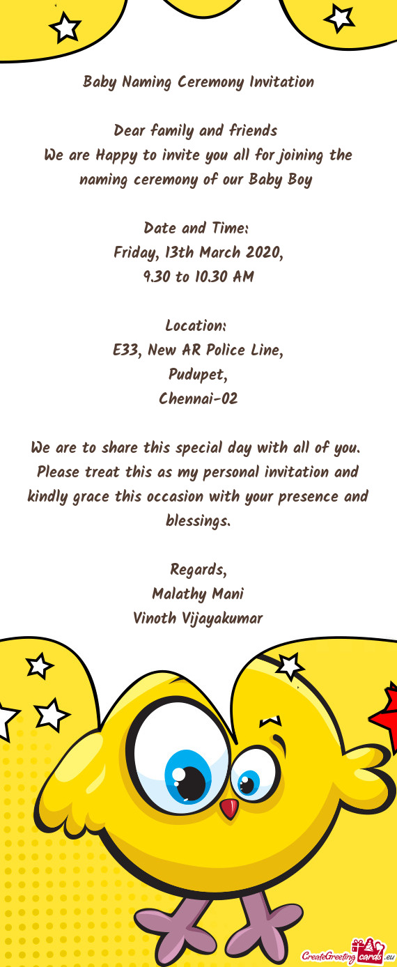 Baby Naming Ceremony Invitation    Dear family and friends