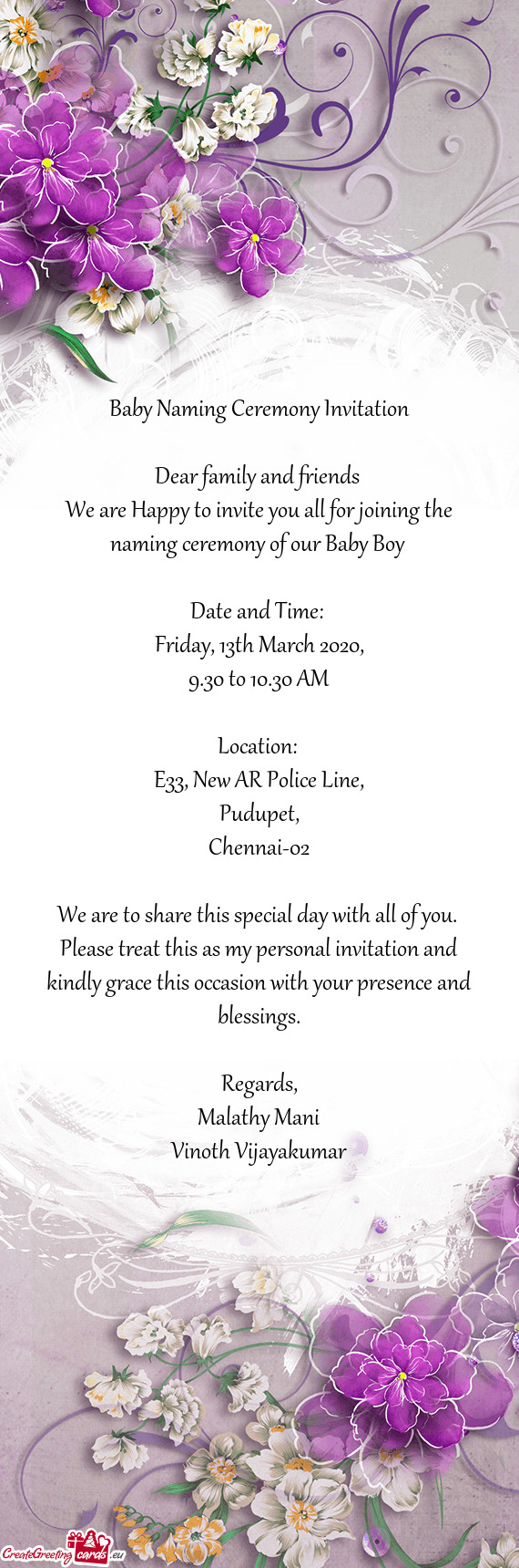 Baby Naming Ceremony Invitation    Dear family and friends