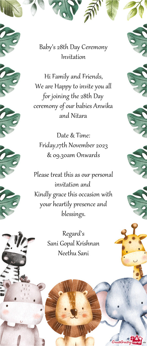 Baby’s 28th Day Ceremony Invitation Hi Family and Friends