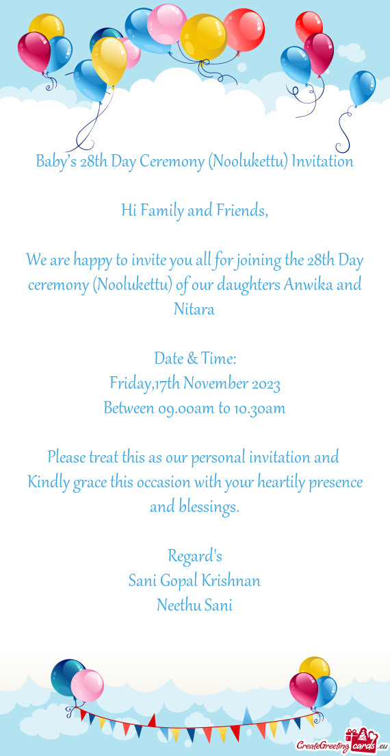 Baby’s 28th Day Ceremony (Noolukettu) Invitation