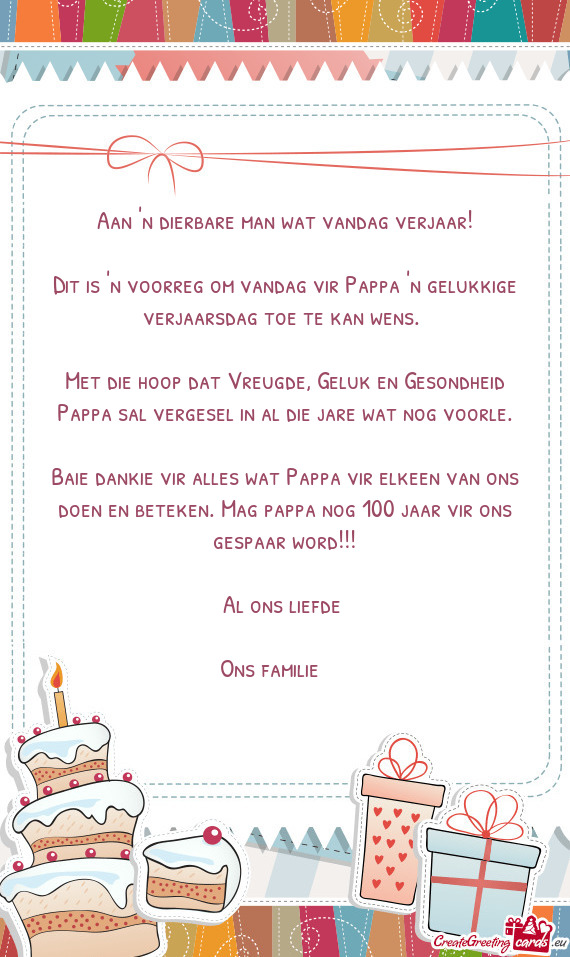 Baie dankie vir alles wat Pappa vir elkeen van ons doen en beteken. Mag pappa nog 100 jaar vir ons g