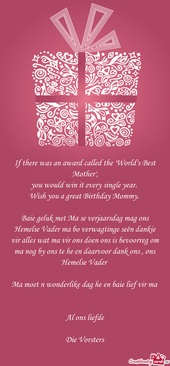 Baie geluk met Ma se verjaarsdag mag ons Hemelse Vader ma bo verwagtinge seën dankie vir alles wat