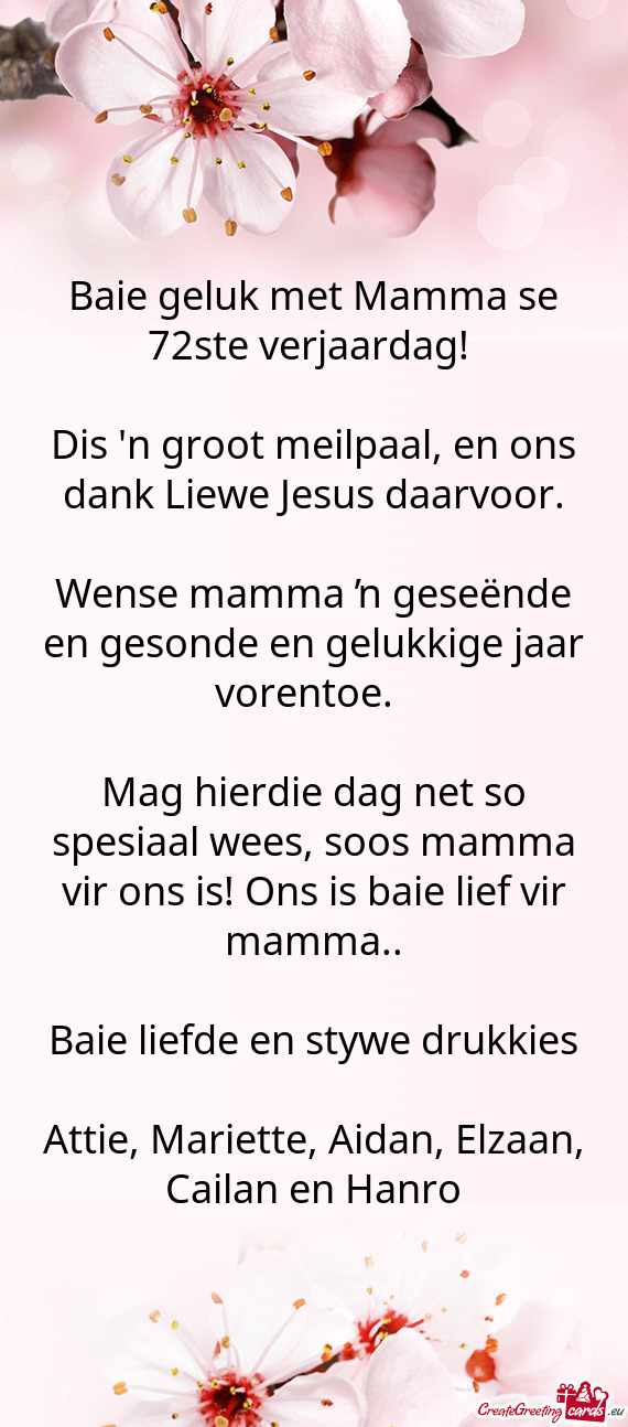 Baie geluk met Mamma se 72ste verjaardag