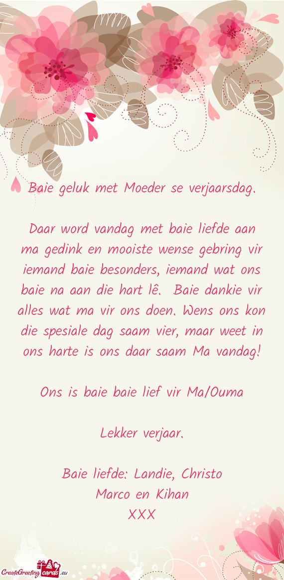 Baie geluk met Moeder se verjaarsdag