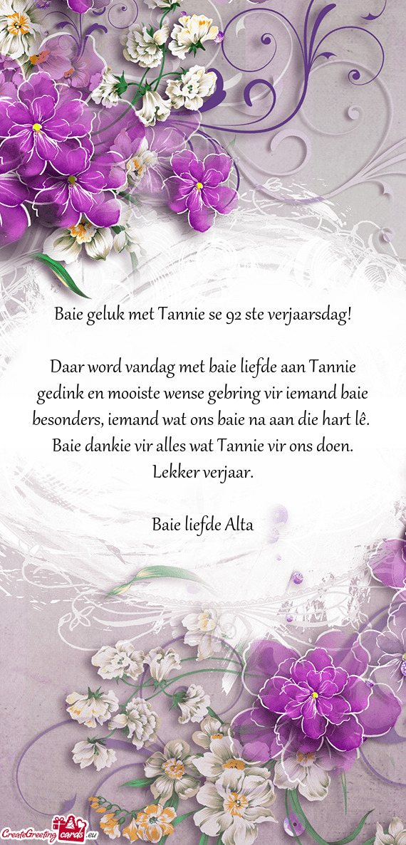 Baie geluk met Tannie se 92 ste verjaarsdag