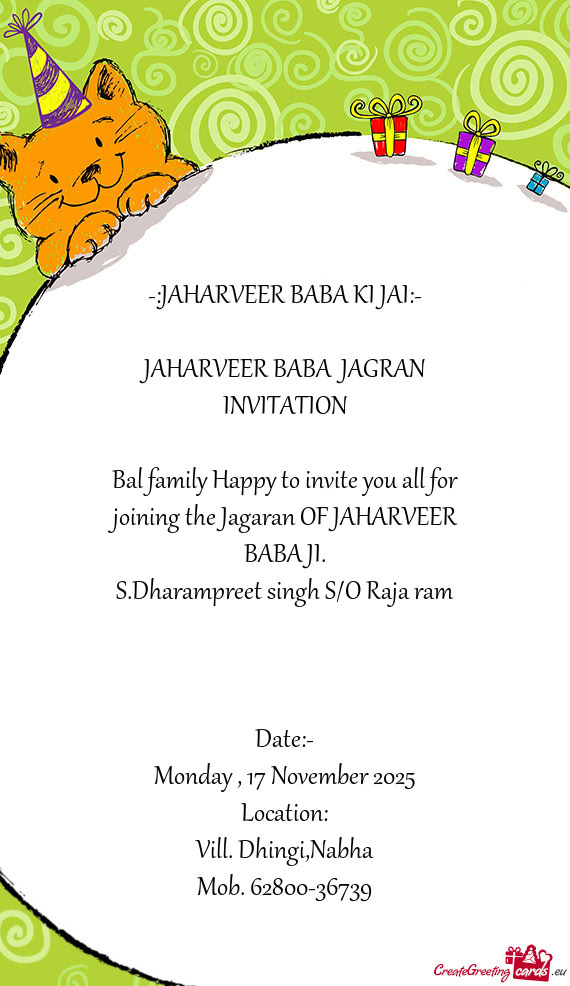 Bal family Happy to invite you all for joining the Jagaran OF JAHARVEER BABA JI