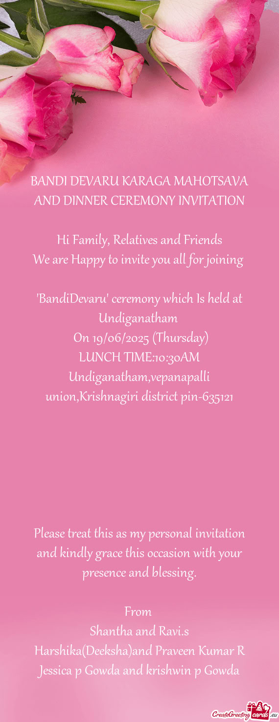 BANDI DEVARU KARAGA MAHOTSAVA AND DINNER CEREMONY INVITATION