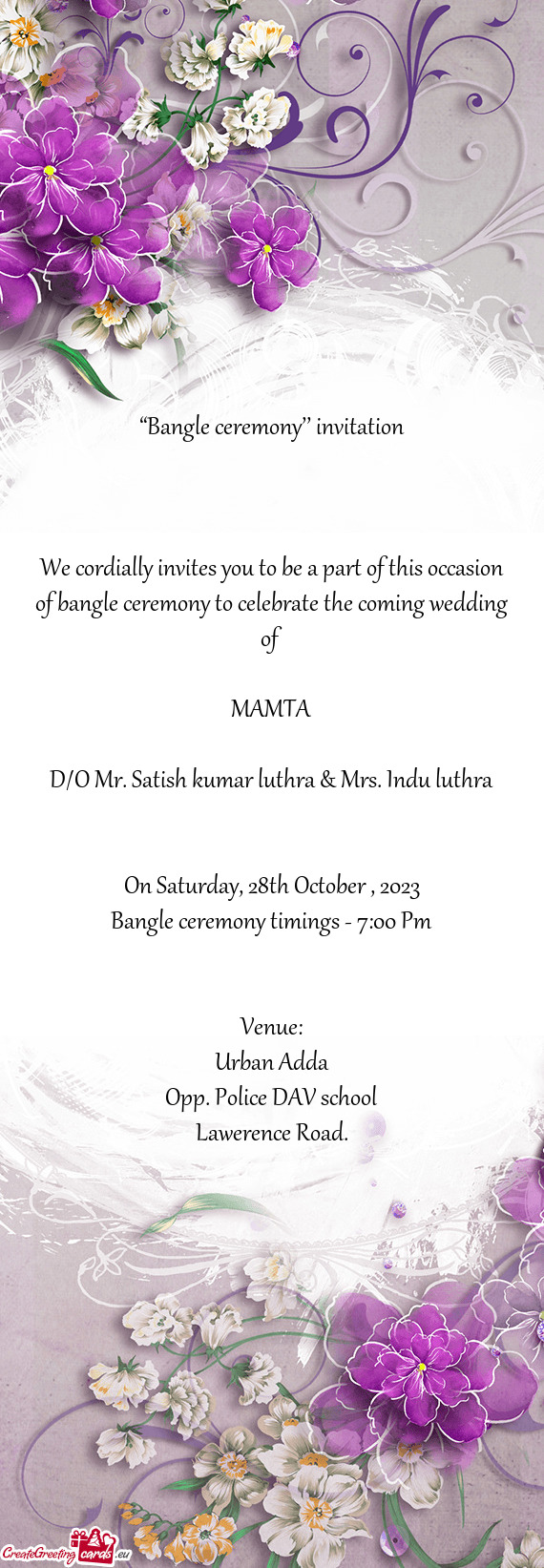 “Bangle ceremony’’ invitation