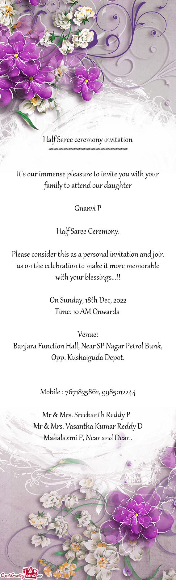 Banjara Function Hall, Near SP Nagar Petrol Bunk, Opp. Kushaiguda Depot