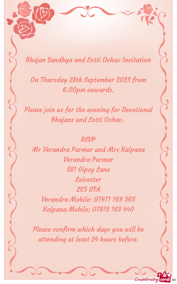 Bhajan Sandhya and Lotti Ochav Invitation