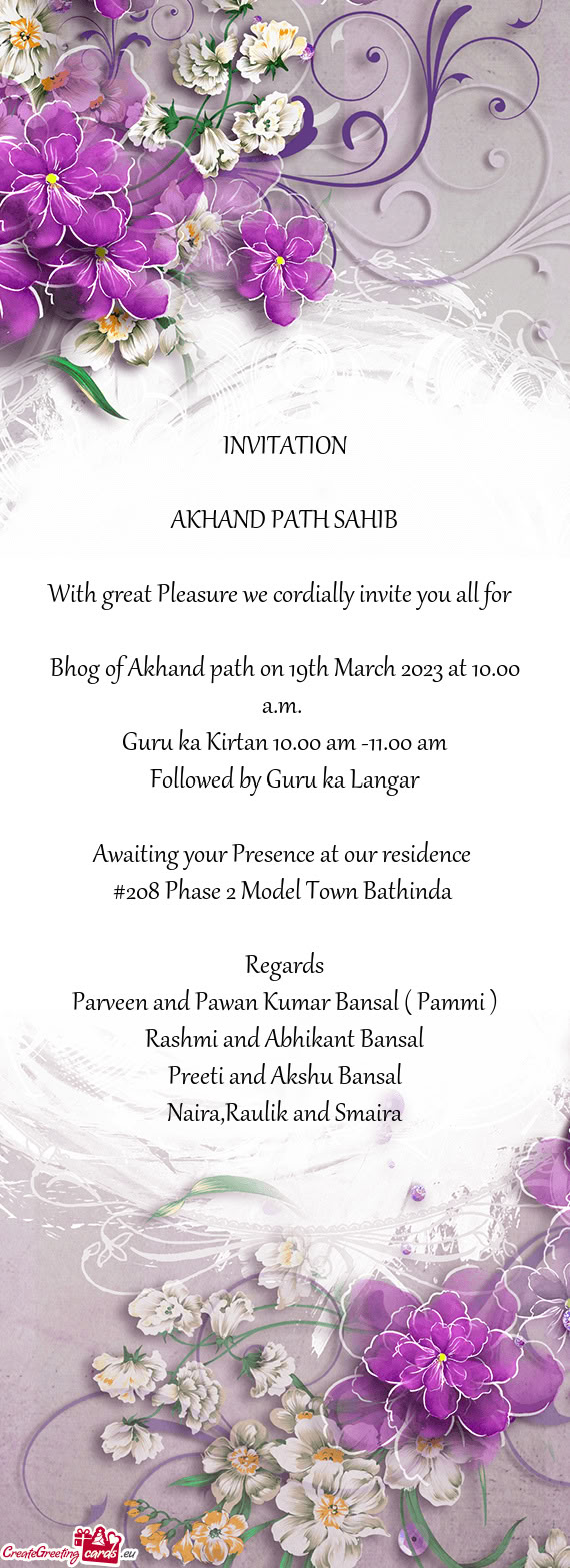 Bhog of Akhand path on 19th March 2023 at 10.00 a.m