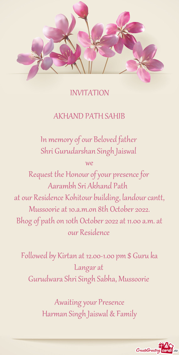 Bhog of path on 10th October 2022 at 11.00 a.m. at our Residence