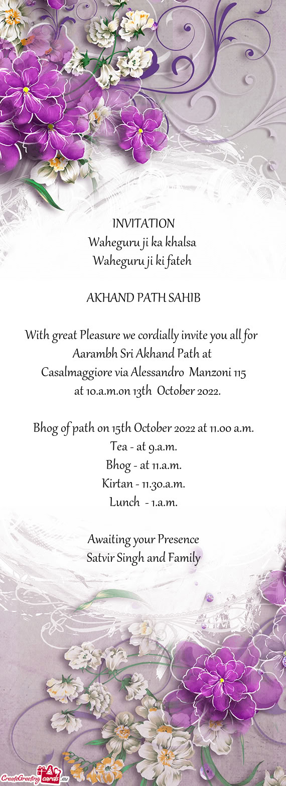 Bhog of path on 15th October 2022 at 11.00 a.m