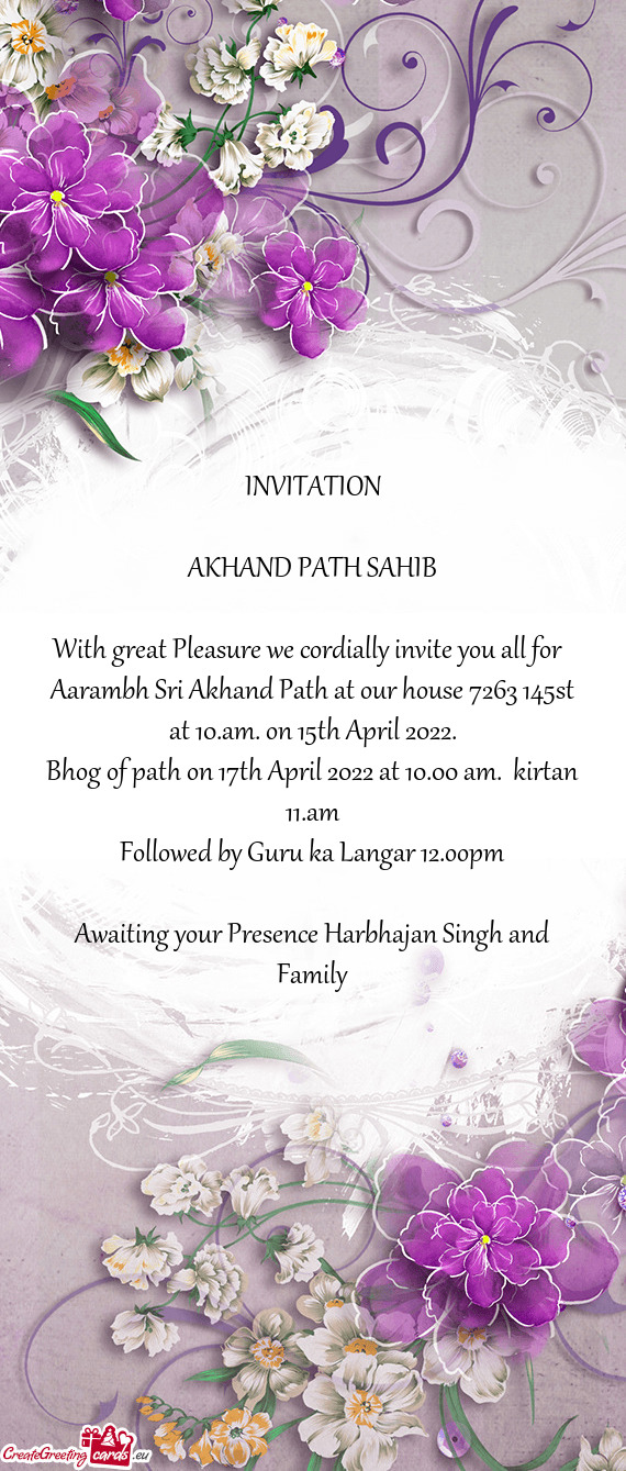 Bhog of path on 17th April 2022 at 10.00 am. kirtan 11.am