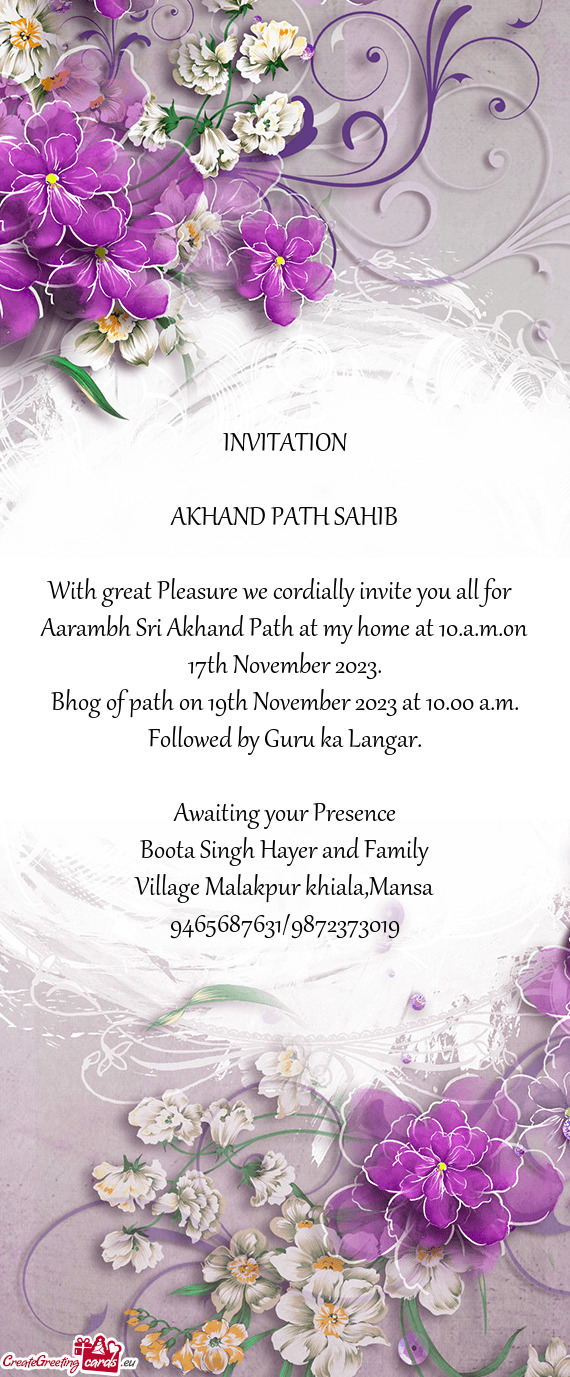 Bhog of path on 19th November 2023 at 10.00 a.m