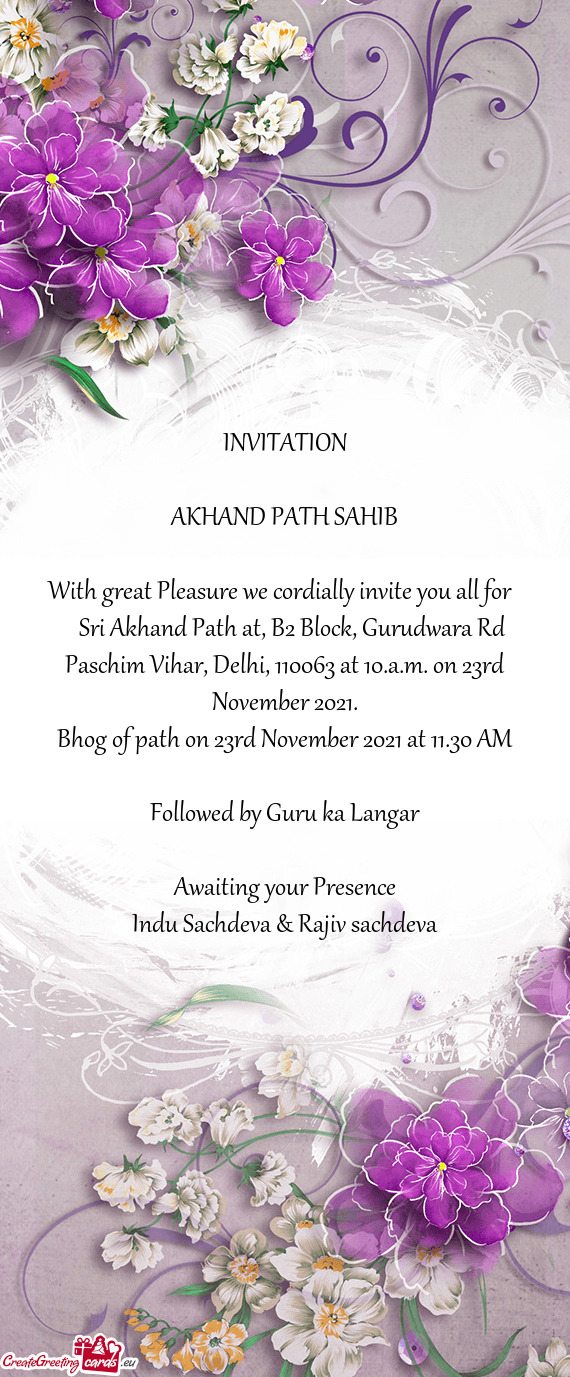 Bhog of path on 23rd November 2021 at 11.30 AM