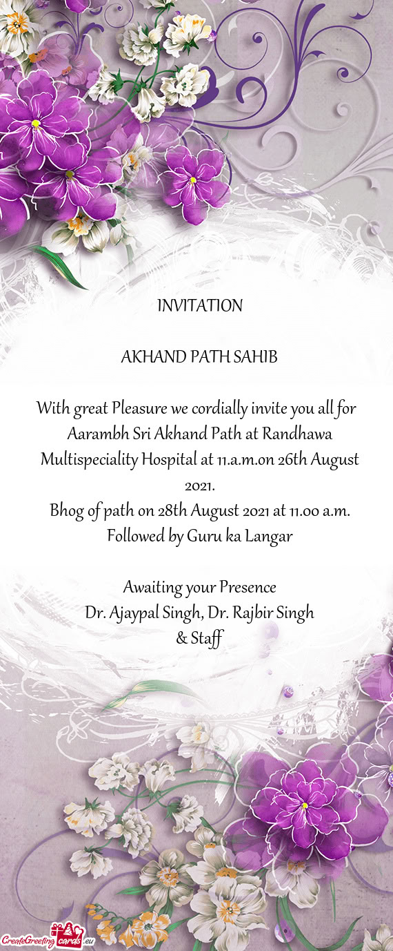 Bhog of path on 28th August 2021 at 11.00 a.m