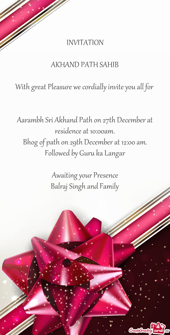 Bhog of path on 29th December at 12:00 am