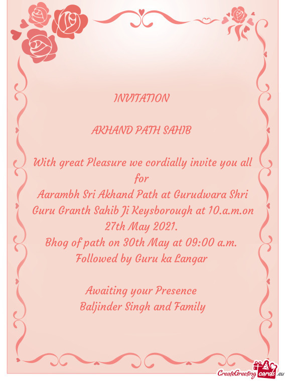 Bhog of path on 30th May at 09:00 a.m