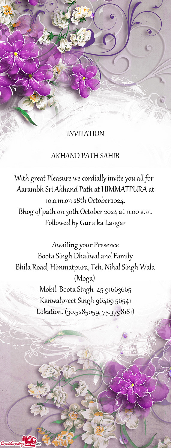 Bhog of path on 30th October 2024 at 11.00 a.m