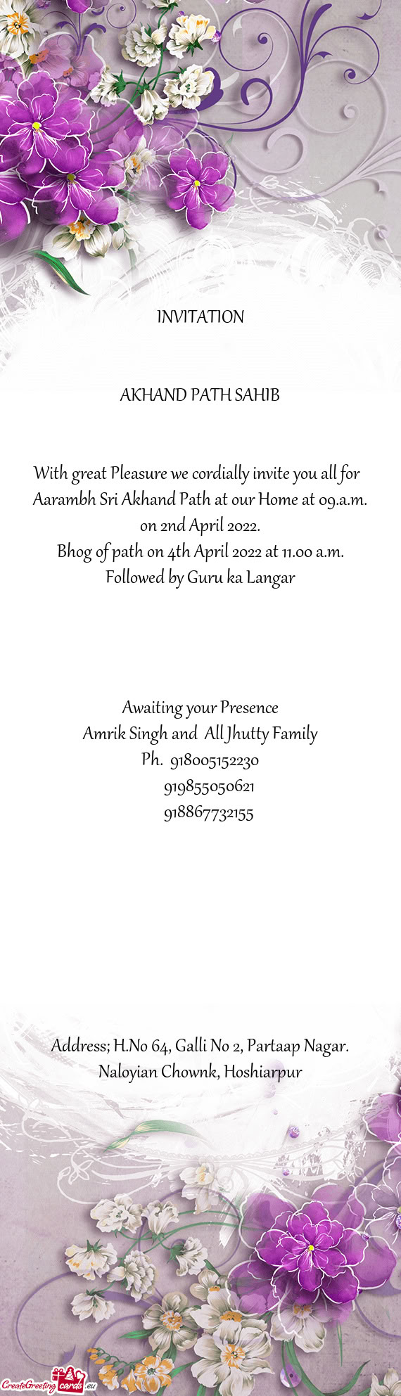 Bhog of path on 4th April 2022 at 11.00 a.m