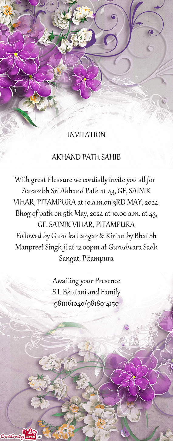 Bhog of path on 5th May, 2024 at 10.00 a.m. at 43, GF, SAINIK VIHAR, PITAMPURA