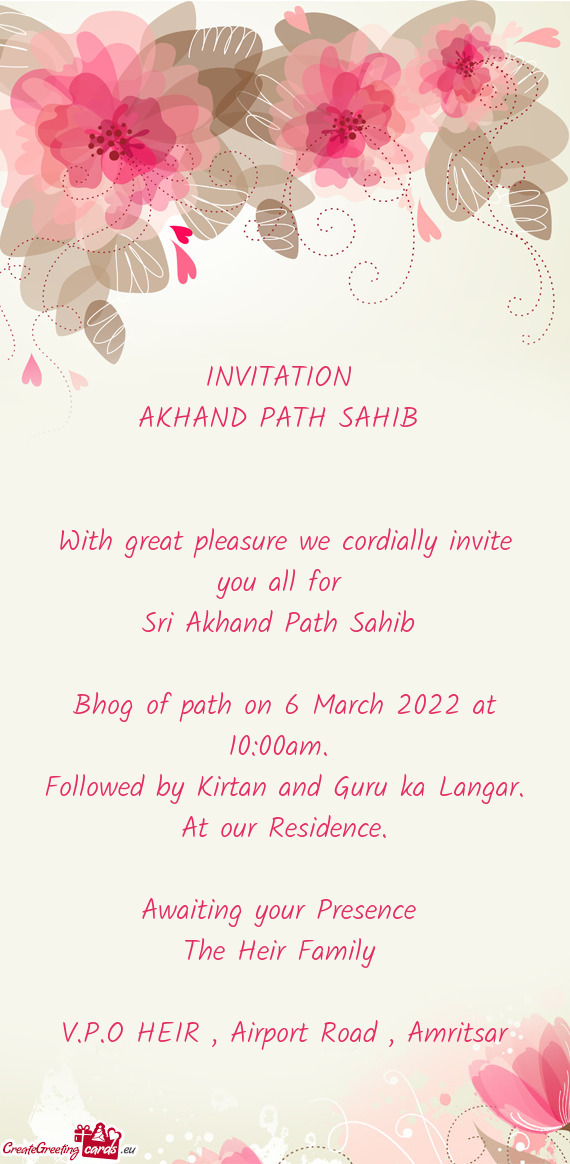 Bhog of path on 6 March 2022 at 10:00am