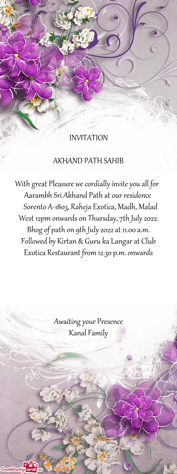 Bhog of path on 9th July 2022 at 11.00 a.m