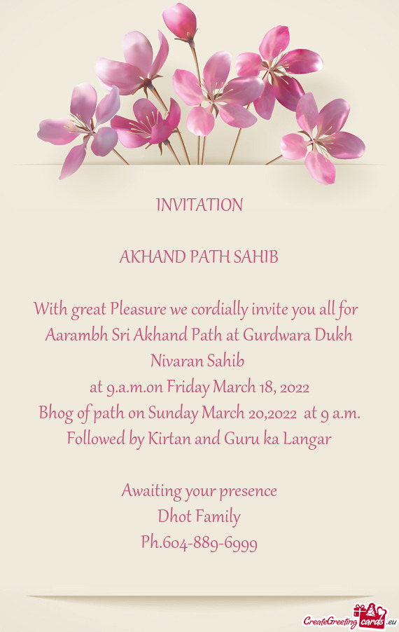 Bhog of path on Sunday March 20,2022 at 9 a.m