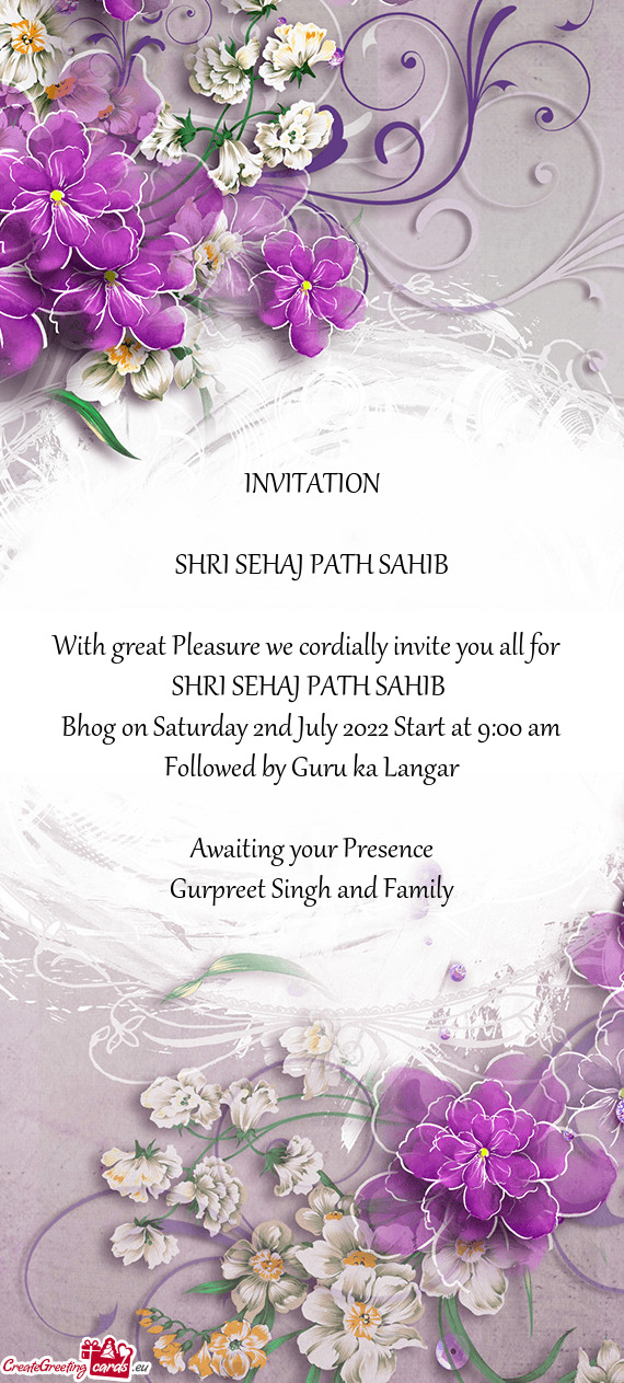 Bhog on Saturday 2nd July 2022 Start at 9:00 am